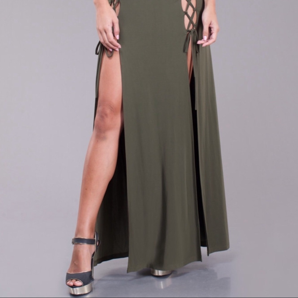 Last 1! Olive Lace Up High Slit Criss Cross Maxi Dress - Picture 7 of 8